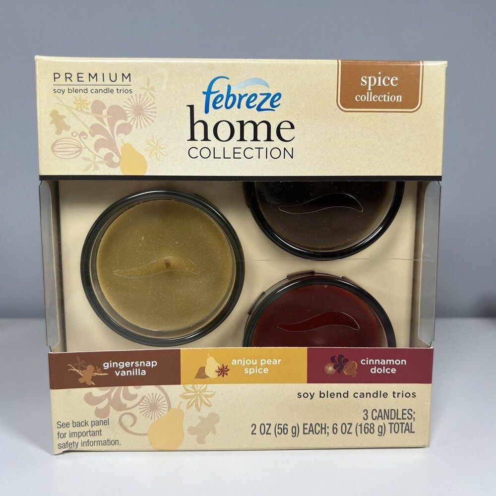 Febreze Home Collection Set of 3 Soy Blend Candles Trio Gingersnap Cinnamon Pear
